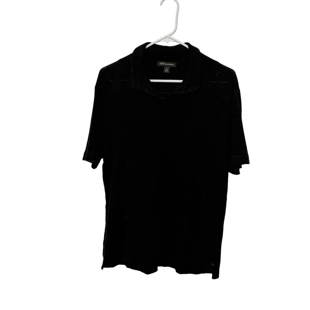 Banana Republic Mens Black Slub Linen Polo Shirt Large Short Sleeve Preppy